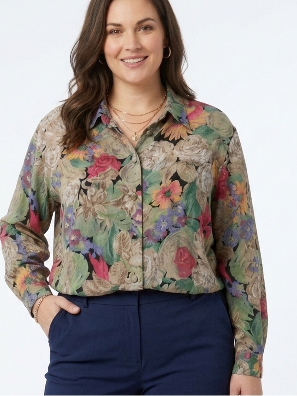 Vintage Della Spiga Dark Floral Button Up Blouse Romantic Cottagecore Shirt 1834